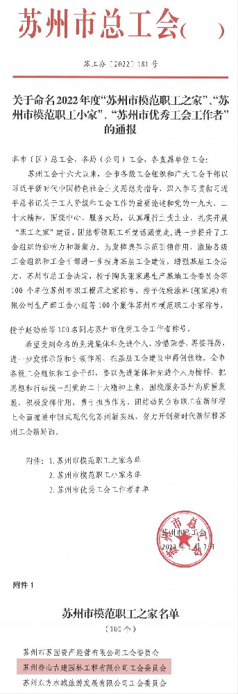 苏州香山古建工会被命名为“苏州市模范职工之家”