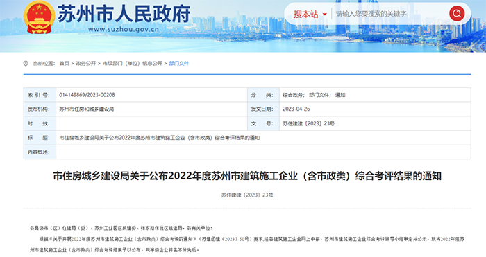 苏州市建筑施工企业综合考评结果揭晓